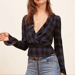 Reformation lee long sleeve ruffle wrap blouse blue black plaid loire size XS